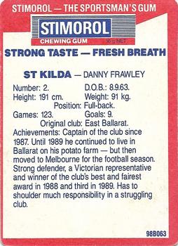 1990 AFL Scanlens Stimorol #134 Danny Frawley Back